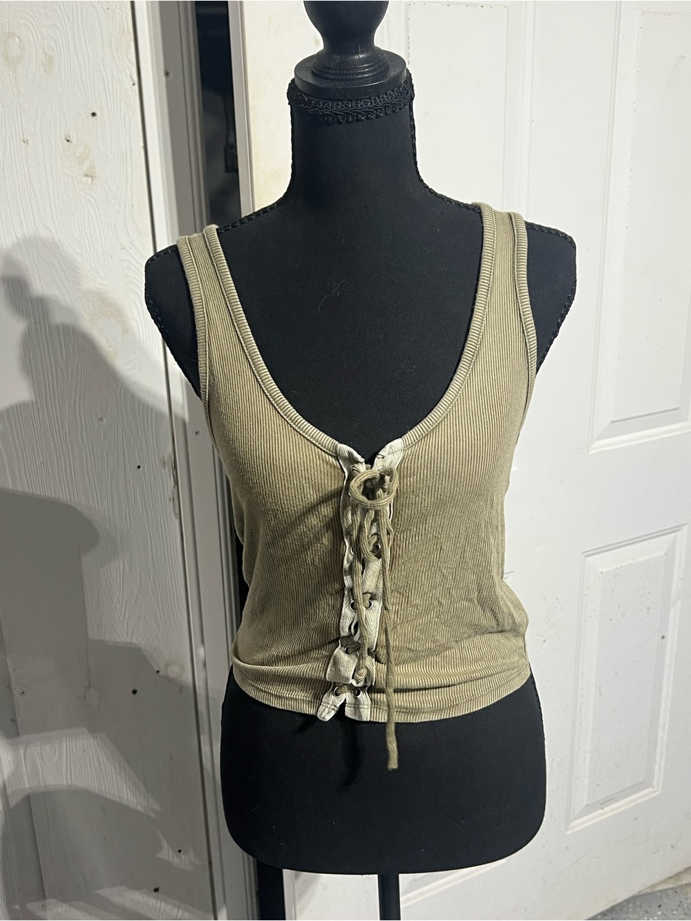American Eagle Outfitters Olive Lace-Up Ribbed Tank